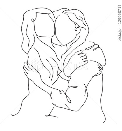 One line art of two lesbian women embracing and holding hands, a minimalist continuous drawing for a logo or tattoo design.. Stock vector illustration One line art of two lesbian women embracing and holding hands, a minimalist continuous drawing for a logo or tattoo design.. Stock vector illustration 129968715