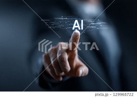 未来技術のAIインターフェースに触れるビジネスマン 未来技術のAIインターフェースに触れるビジネスマン 129968722