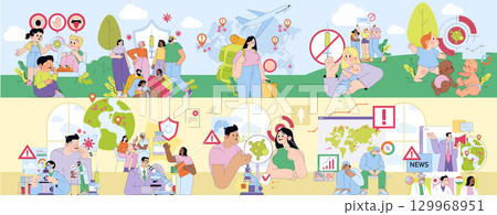 Vector illustration showcasing diverse families with children learning about health precautions, vaccinations, and global safety measures. Includes elements of travel health awareness and prevention. 129968951