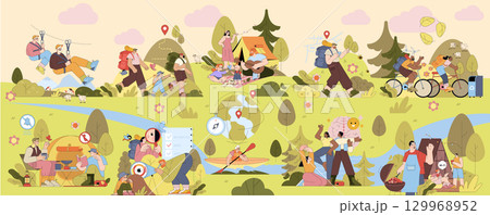 This vector illustration features diverse outdoor activities including zip lining, hiking, camping, cycling, kayaking, and barbecuing. Ideal for promoting nature and adventure themes. This vector illustration features diverse outdoor activities including zip lining, hiking, camping, cycling, kayaking, and barbecuing. Ideal for promoting nature and adventure themes. 129968952