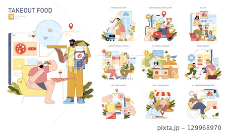 Vector illustration set showcasing diverse takeout food concepts, including sustainable delivery, subscription meals, and digital ordering. Emphasizes modern food service solutions. 129968970