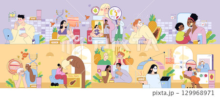 Vector illustration showcasing diverse individuals engaging in skincare routines and facial treatments. Includes actions with products like peeling and retinol, emphasizing self-care and wellness. 129968971