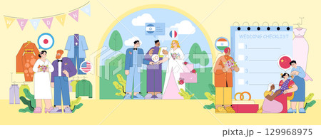 Vector illustration depicting diverse cultural wedding preparations. Individuals explore traditional attire and wedding elements from different cultures, highlighting multicultural themes. 129968975