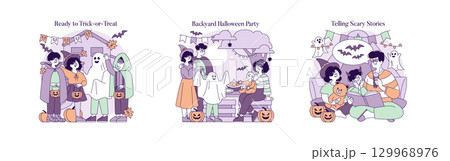Vector illustrations depicting Halloween celebrations, featuring kids in costumes ready to trick-or-treat, a lively backyard Halloween party, and family telling spooky stories surrounded by festive 129968976