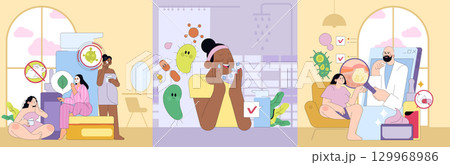 Vector illustration of people applying skincare products, examining their effects, and focusing on health benefits. Shows attention to grooming and awareness of product ingredients. 129968986