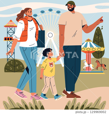 Family strolling through amusement park, enjoying attractions like Ferris wheel and carousel. Parents smiling, child excited. Vector illustration captures joy of a fun outing. Family strolling through amusement park, enjoying attractions like Ferris wheel and carousel. Parents smiling, child excited. Vector illustration captures joy of a fun outing. 129969002
