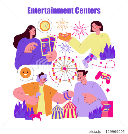 Colorful vector illustration depicting various fun activities at entertainment centers. Features people enjoying games, food, fireworks, and a Ferris wheel, capturing excitement and joy. Colorful vector illustration depicting various fun activities at entertainment centers. Features people enjoying games, food, fireworks, and a Ferris wheel, capturing excitement and joy. 129969005