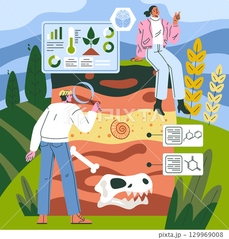 Vector illustration of two people engaging in fossil analysis using interactive technology on a hillside. They explore layers of soil containing ancient fossils and scientific data. Vector illustration of two people engaging in fossil analysis using interactive technology on a hillside. They explore layers of soil containing ancient fossils and scientific data. 129969008