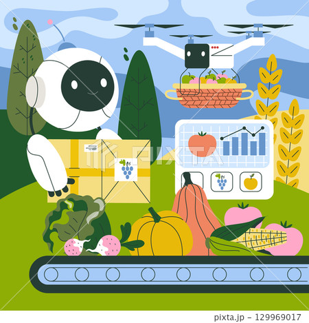 Vector illustration of a robot managing agricultural harvests using drone technology. The scene includes fresh produce, a delivery box, and data analysis on a digital screen. 129969017