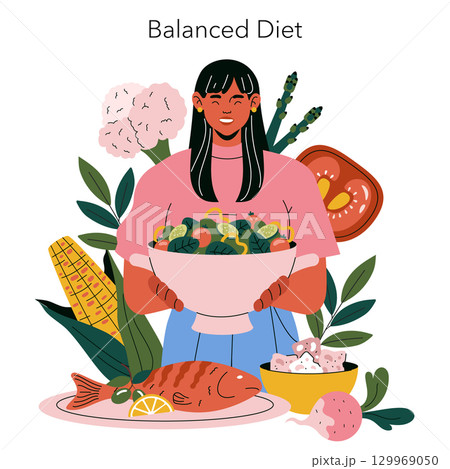 Vector illustration of a woman holding a large bowl of salad surrounded by healthy foods such as vegetables, fish, and grains, emphasizing the concept of a balanced diet. 129969050