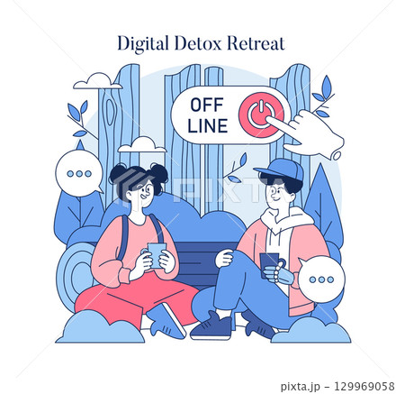 Vector illustration of two people enjoying a digital detox retreat in nature. They put devices down and relax while engaging with each other, symbolized by an offline button. Vector illustration of two people enjoying a digital detox retreat in nature. They put devices down and relax while engaging with each other, symbolized by an offline button. 129969058