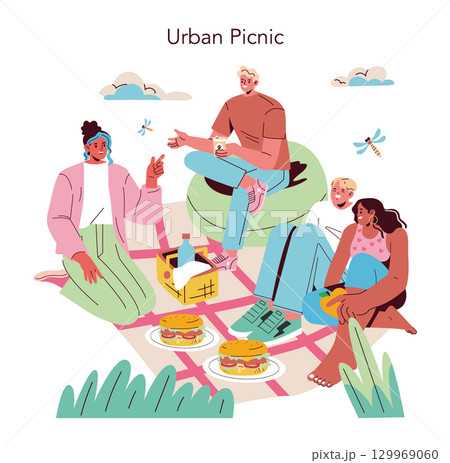 Vector illustration of a diverse group of friends having an urban picnic outdoors. They are sitting on a blanket with food, drinks, and sharing joyful moments together. 129969060