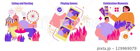 Vector illustration of people at a fair enjoying food, playing games, and celebrating moments with photo strips and gifts. Features a lively atmosphere with fireworks and rides. Vector illustration of people at a fair enjoying food, playing games, and celebrating moments with photo strips and gifts. Features a lively atmosphere with fireworks and rides. 129969079