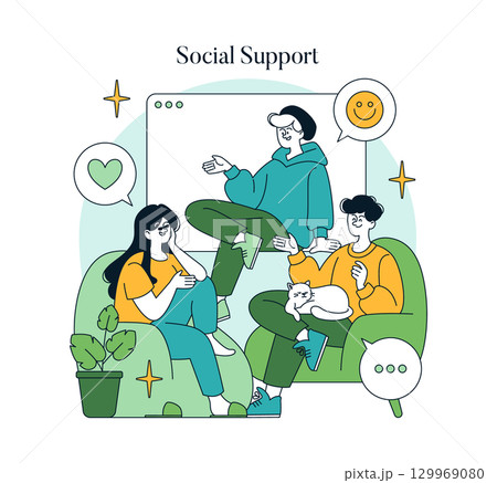 Vector illustration of three individuals in a casual setting, engaging in friendly social support. They are sitting comfortably, smiling, and communicating positively, creating a warm atmosphere. Vector illustration of three individuals in a casual setting, engaging in friendly social support. They are sitting comfortably, smiling, and communicating positively, creating a warm atmosphere. 129969080
