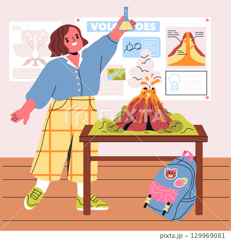 Vector illustration of a student presenting a volcano science experiment. The model erupts on the table surrounded by educational posters, reflecting excitement and curiosity. Vector illustration of a student presenting a volcano science experiment. The model erupts on the table surrounded by educational posters, reflecting excitement and curiosity. 129969081