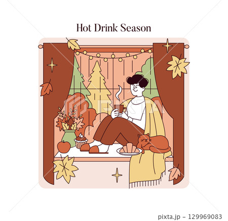 Vector illustration of a person enjoying a hot drink on a windowsill during autumn. Wrapped in a blanket with a cat by their side, evoking warmth and relaxation in a fall setting. 129969083