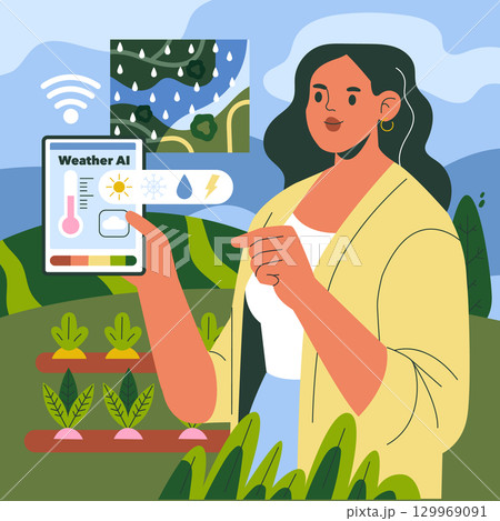 Woman in a garden using a tablet with Weather AI, surrounded by plants and technology symbols. The illustration highlights modern farming techniques and digital agriculture. 129969091