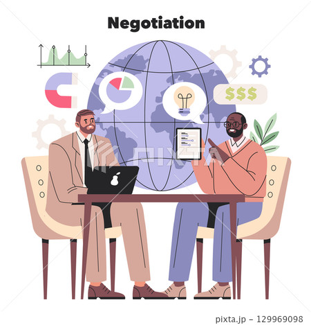 Vector illustration of two businessmen engaged in negotiation. They sit across a table, discussing global finance, with charts and graphs in the background symbolizing data analysis. Vector illustration of two businessmen engaged in negotiation. They sit across a table, discussing global finance, with charts and graphs in the background symbolizing data analysis. 129969098