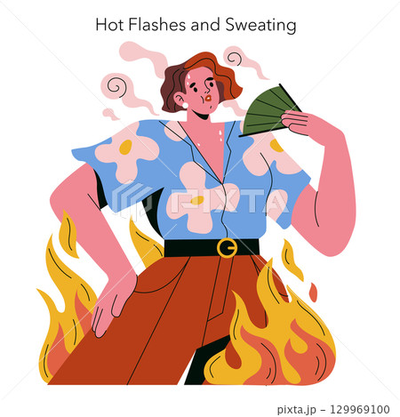 Vector illustration of a woman experiencing hot flashes and sweating, fanning herself while surrounded by symbolic flames. She shows a discomforted expression, highlighting menopause symptoms. Vector illustration of a woman experiencing hot flashes and sweating, fanning herself while surrounded by symbolic flames. She shows a discomforted expression, highlighting menopause symptoms. 129969100