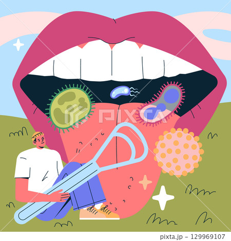 Vector illustration showing a giant mouth with a large tongue exposed, covered in cartoon bacteria. A person holds a tongue cleaner nearby, emphasizing oral hygiene concepts. 129969107