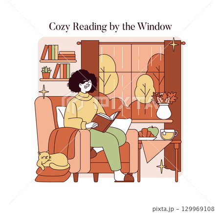 Vector illustration of a woman enjoying a cozy reading session by the window. She sits comfortably with a book, a sleeping cat beside her, and a coffee cup, creating a relaxing ambiance. 129969108