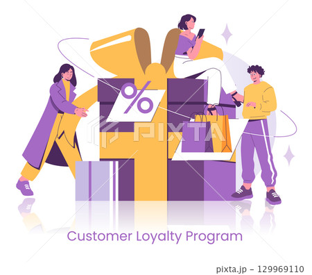 Vector illustration depicts people interacting with giant gift boxes representing a customer loyalty program. Characters express joy and excitement, conveying shopping rewards. 129969110