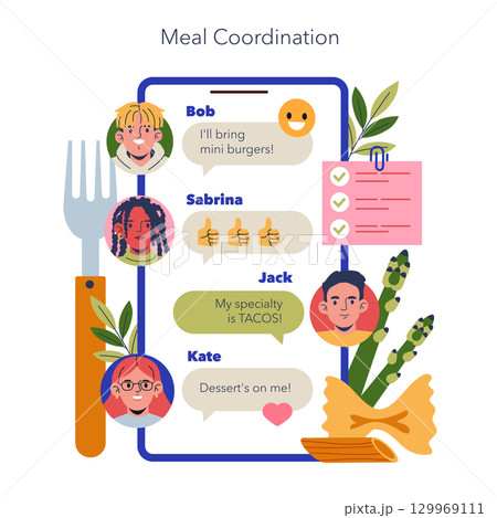 Vector illustration showing a digital chat on a smartphone screen, coordinating a meal with multiple participants. Conversations include planning mini burgers, tacos, and desserts. 129969111