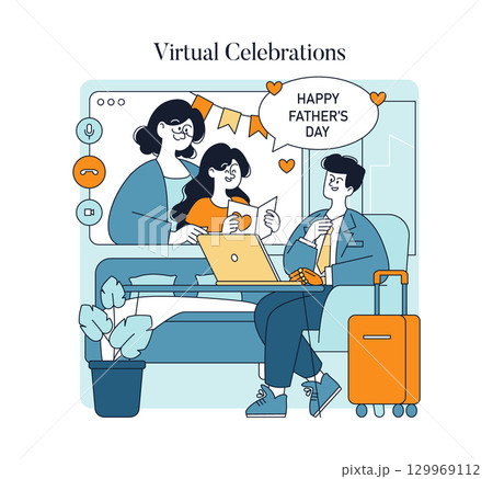 Vector illustration depicting a virtual Father's Day celebration. A family engages in a joyful video call, expressing love through digital interaction, with warm and cheerful emotions. 129969112