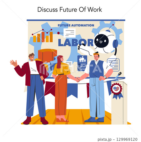 Labor Day concept. Illustration of diverse workers discussing future automation and workplace evolution trends with robotic elements. 129969120
