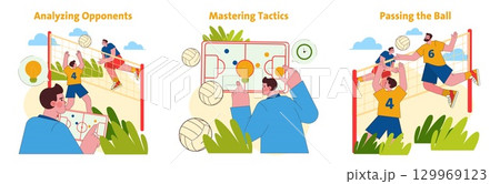 Vector illustration set showcasing volleyball strategies with players analyzing opponents, mastering tactics, and passing the ball. Ideal for sports and teamwork concepts. 129969123
