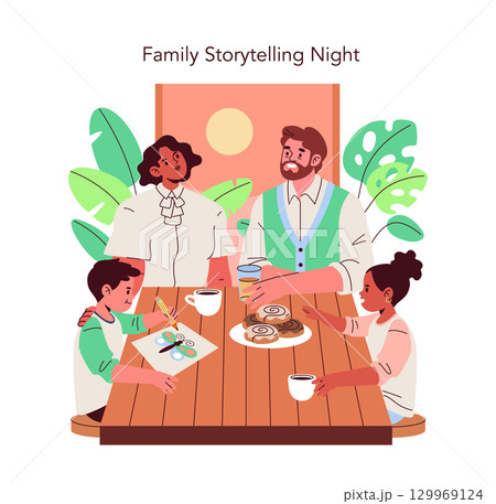Vector illustration of a family enjoying a storytelling night around a table. Adults and children are interacting warmly, sharing stories, and drawing, depicting togetherness and creativity. 129969124