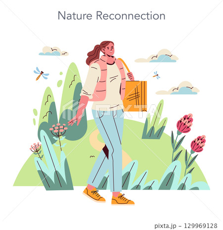 Nature Reconnection concept. Illustration showing a young woman reconnecting with nature by exploring a vibrant, floral landscape. Peaceful, digital detox experience. Vector illustration. Nature Reconnection concept. Illustration showing a young woman reconnecting with nature by exploring a vibrant, floral landscape. Peaceful, digital detox experience. Vector illustration. 129969128
