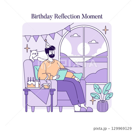 Vector illustration of a person in a party hat reflecting with a notebook on a birthday. A cat sits nearby while a cake and drink rest on a table beside them under festive decorations. Vector illustration of a person in a party hat reflecting with a notebook on a birthday. A cat sits nearby while a cake and drink rest on a table beside them under festive decorations. 129969129