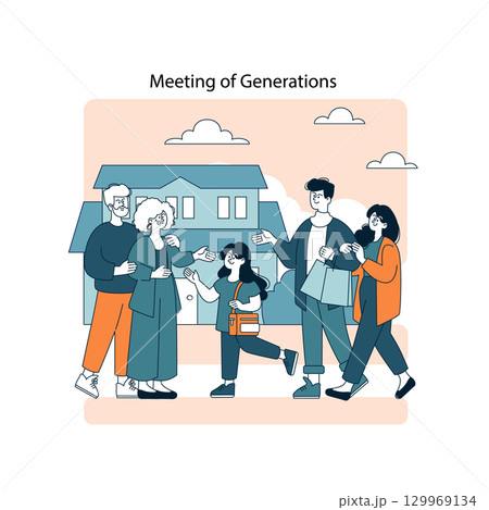 Connection Between Generations concept. Family members from different age groups gather in front of a house sharing warm moments, expressing unity, love and the passing of traditions. Vector Connection Between Generations concept. Family members from different age groups gather in front of a house sharing warm moments, expressing unity, love and the passing of traditions. Vector 129969134