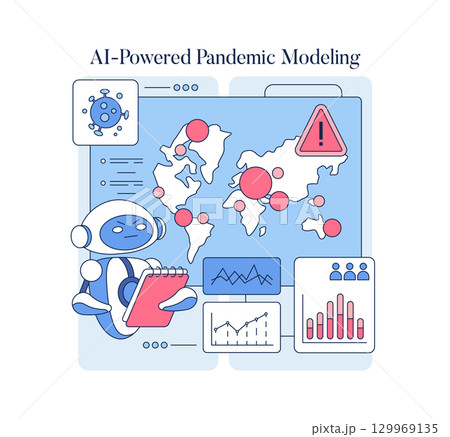 AI-powered robot analyzing global pandemic data on a digital map. The vector illustration shows statistical charts and graphs, emphasizing technology's role in health management and predictive AI-powered robot analyzing global pandemic data on a digital map. The vector illustration shows statistical charts and graphs, emphasizing technology's role in health management and predictive 129969135