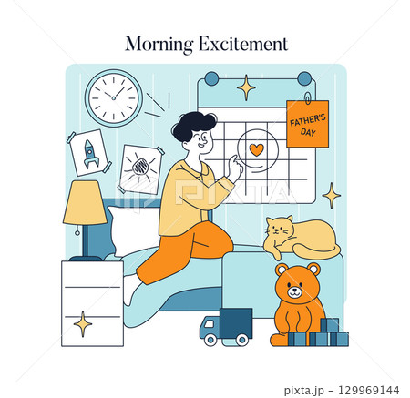 Vector illustration of a person excitedly pointing at a calendar marked for Father's Day, with a happy face. A cat, teddy bear, and toy truck add a cozy atmosphere. Vector illustration of a person excitedly pointing at a calendar marked for Father's Day, with a happy face. A cat, teddy bear, and toy truck add a cozy atmosphere. 129969144