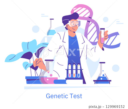 Vector illustration of a scientist holding a test tube while conducting a genetic test. DNA helix and laboratory equipment are visible in the background, suggesting a research setting. 129969152