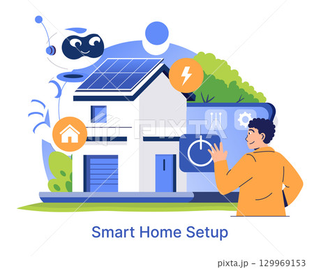 Vector illustration of a person interacting with a smart home setup, featuring solar panels and robotic technology, highlighting modern home automation and eco-friendly technology. Vector illustration of a person interacting with a smart home setup, featuring solar panels and robotic technology, highlighting modern home automation and eco-friendly technology. 129969153