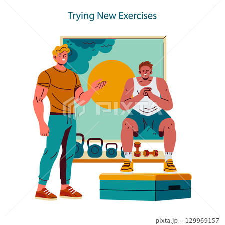 Personal Trainer concept. Fitness instructor guiding a client through new exercises at the gym, giving encouragement and instructions in an active environment with equipment. Vector illustration. 129969157
