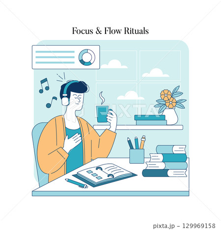 Person enjoying music with headphones while holding coffee, surrounded by books and stationery. Calm expression indicates focus and relaxation. Includes charts and a flower vase. 129969158