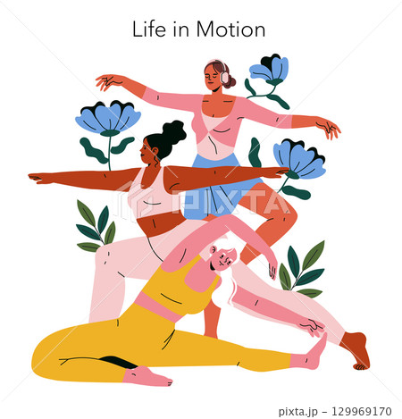 Vector illustration of three women engaged in yoga poses, highlighting strength and flexibility. The colorful composition includes floral elements, symbolizing harmony and balance. 129969170