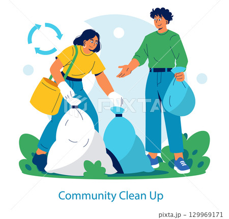 Vector illustration of two volunteers participating in a community clean-up. They are collecting trash in bags, smiling, and promoting environmental awareness and teamwork. Vector illustration of two volunteers participating in a community clean-up. They are collecting trash in bags, smiling, and promoting environmental awareness and teamwork. 129969171