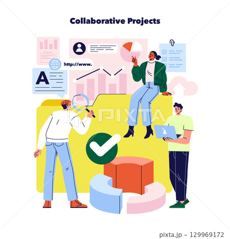 Team members engage in collaborative projects, analyzing data with charts and graphs. Vector illustration depicts teamwork and communication in a creative setting. Team members engage in collaborative projects, analyzing data with charts and graphs. Vector illustration depicts teamwork and communication in a creative setting. 129969172
