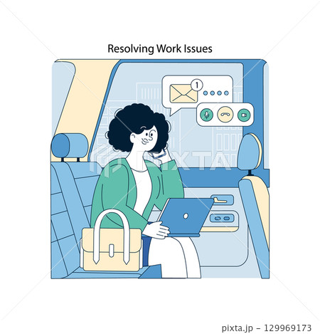 Vector illustration of a businesswoman addressing work issues on the phone while traveling in a car. Efficient multitasking with a laptop and smartphone for effective communication. 129969173