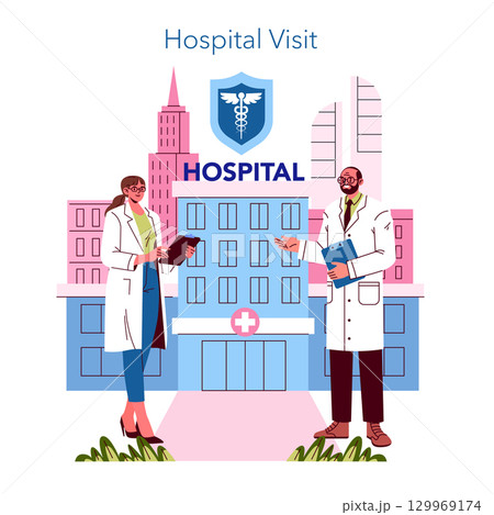 Vector illustration depicting two doctors conversing in front of a modern hospital building. They are dressed in white coats, holding a clipboard, suggesting a professional medical setting. Vector illustration depicting two doctors conversing in front of a modern hospital building. They are dressed in white coats, holding a clipboard, suggesting a professional medical setting. 129969174