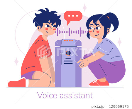 Vector illustration of two kids engaging with a smart voice assistant device. The children are curious and attentive, interacting with technology in a playful manner. Vector illustration of two kids engaging with a smart voice assistant device. The children are curious and attentive, interacting with technology in a playful manner. 129969176