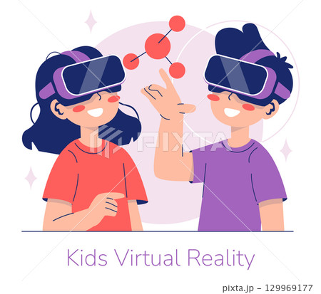 Vector illustration of two kids using virtual reality headsets, interacting with a digital 3D model. They are smiling and engaged in a fun, interactive learning experience. 129969177