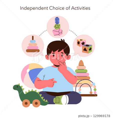 Vector illustration of a child thoughtfully deciding between various toys. Depicts independent decision-making and creativity with colorful toy options like blocks, stacking rings, and a dinosaur. 129969178