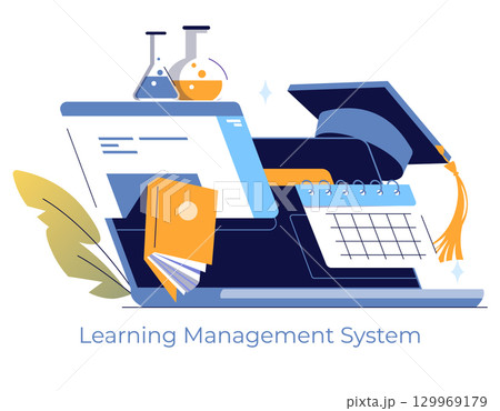 Vector illustration of a comprehensive learning management system featuring e-learning tools. Includes laptop, graduation cap, book, calendar, and lab equipment, symbolizing education. 129969179