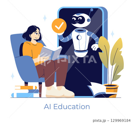 Vector illustration of a person engaging with an AI robot through a virtual interface. The person reads a book while the robot communicates, highlighting AI learning and education. Vector illustration of a person engaging with an AI robot through a virtual interface. The person reads a book while the robot communicates, highlighting AI learning and education. 129969184